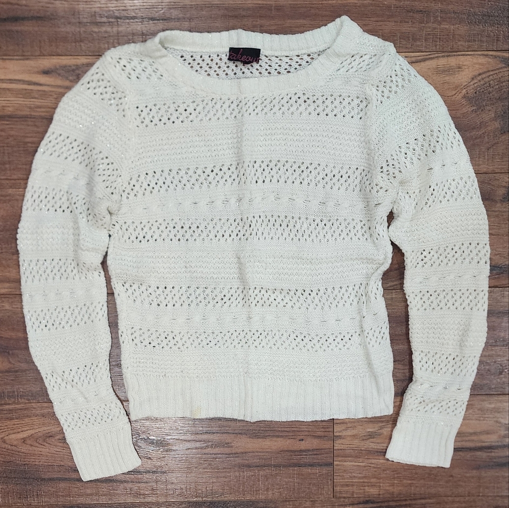 Takeout Junior's White Open Knit Crew Neck Long Sleeve Pullover Sweater Medium M